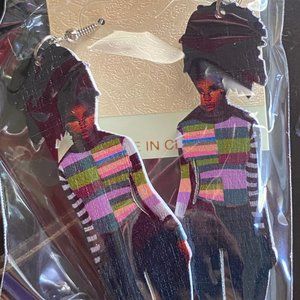 African American Black Woman Jeans Wooden Earrings